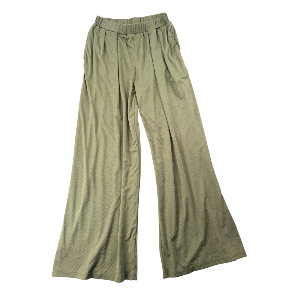 Cider Olive Green Ribbed Wide Leg Pleated Elastic Waist Pants Large